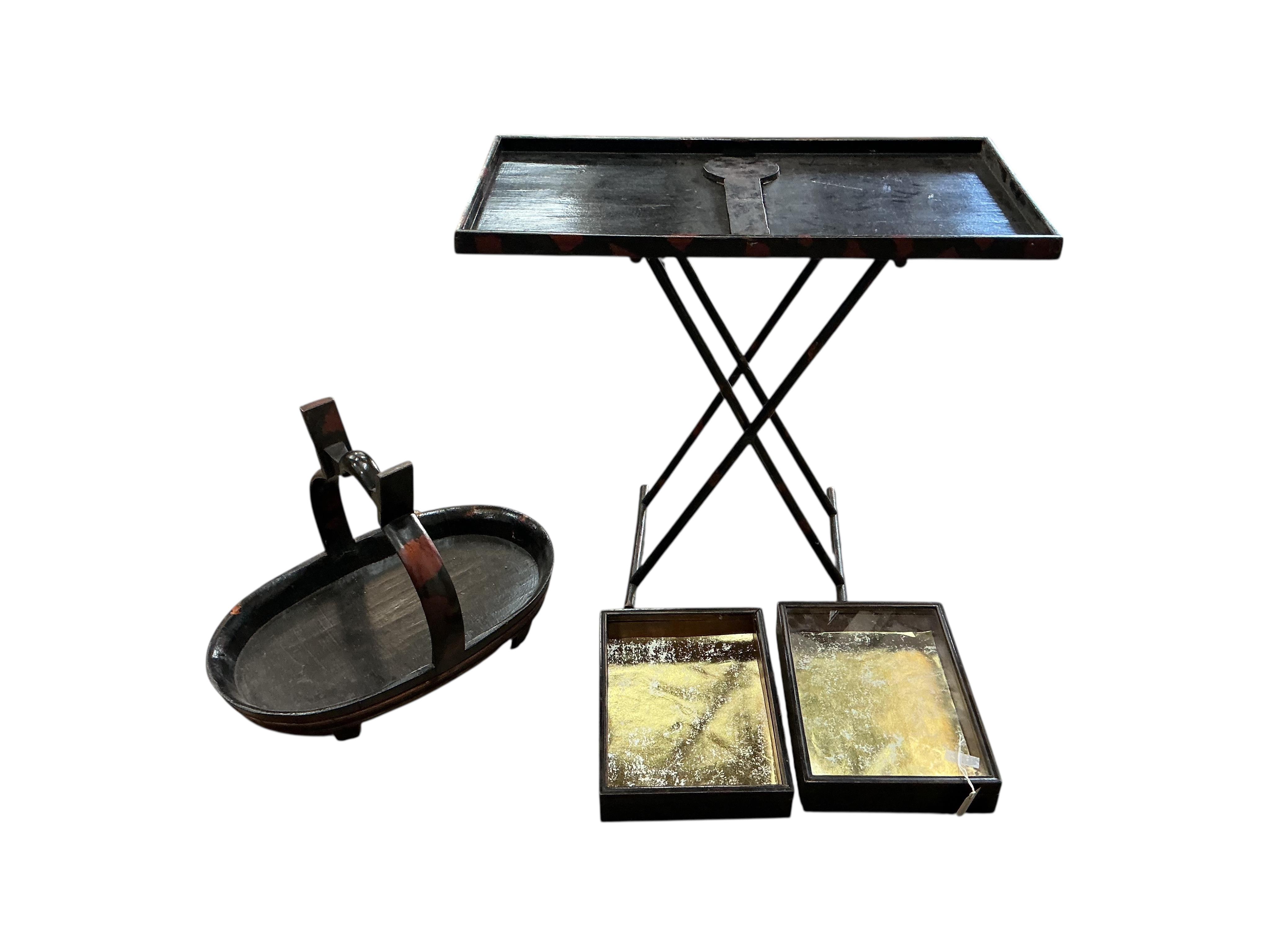 A Chinese rectangular street vendor's table, width 80cm, height 74cm together with an oval tray